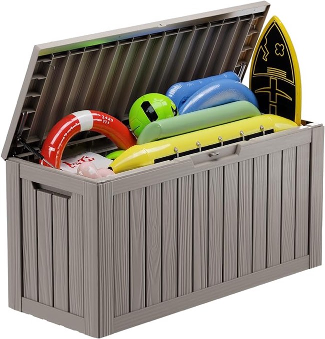 80 Gallon Resin Deck Box, Lockable Waterproof Ourdoor Storage Container for Pool Accessories, Patio Furniture, Cushions, Toys and Garden Tools, Khaki