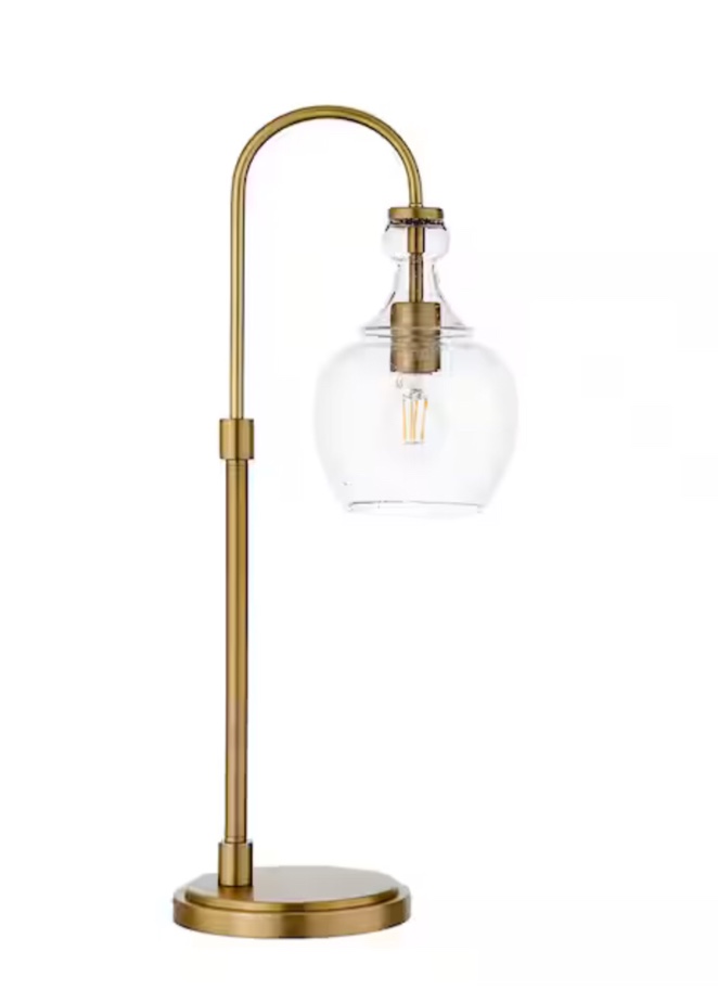 Verona 27 in. Brushed Brass Arc Table Lamp with Seeded Glass Shade