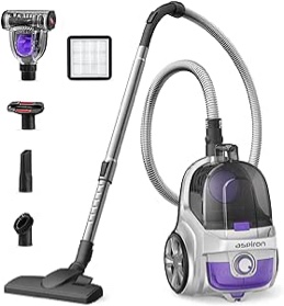Aspiron Upgraded Canister Vacuum Cleaner, 1200W Bagless Vacuum Cleaner, 3.7Qt Large Capacity, Auto Cord Rewind, Double HEPA Filter, 5 Tools for Hard Floors, Carpet, Pet, Upholstery, Tiles, Car, Silver