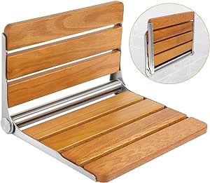 WICHEMI Folding Shower Seat Wall Mounted, Teak Wood Fold Down Shower Bench Seat, Home Care Aluminum Bathroom Stool Seating Chair for Seniors, Disableds and Pregnants-Load of 440 lbs, 16.1'' x 13.4''