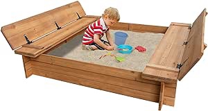 BIRASIL Wood Sandbox with 2 Bench Seats, Sand Boxes with Lid for Kids, Sand Pit with Cover for Outdoor Backyard Patio, 48 Inch