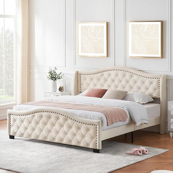 IDEALHOUSE King Size Bed Frame Platform, Velvet Uphostered Bed Frame with Wingback Headboard and Footboard, Strong Wooden Slats, No Box Spring Needed, Easy Assembly Beige