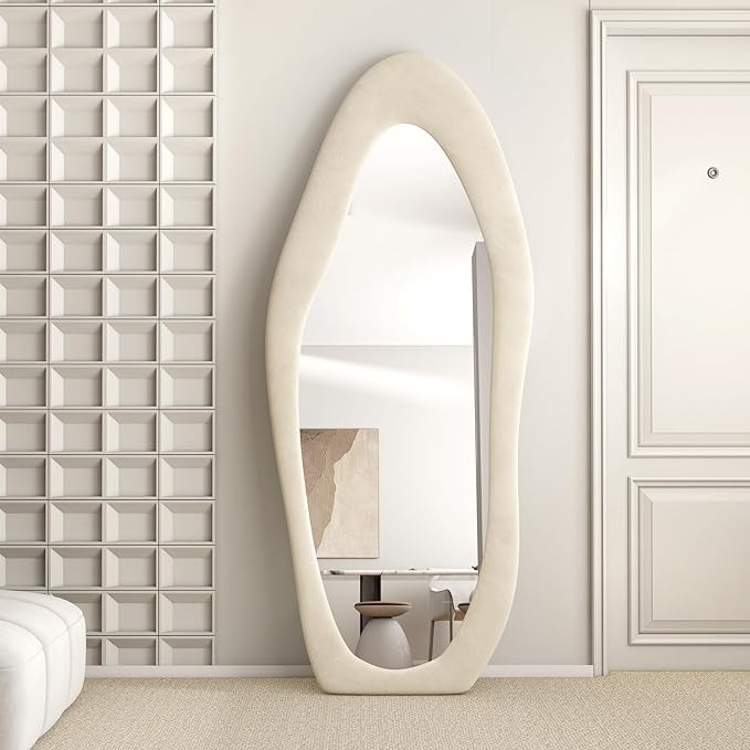 Full Length Mirror, 63" X 24" Wavy Floor Mirror, Flannel Wrapped Frame Irregular Large Wall Mirror, Wooden Frame Body Mirror,Hang or Lean Against the Wall, For Cloakroom, Bedroom, Living Room, White