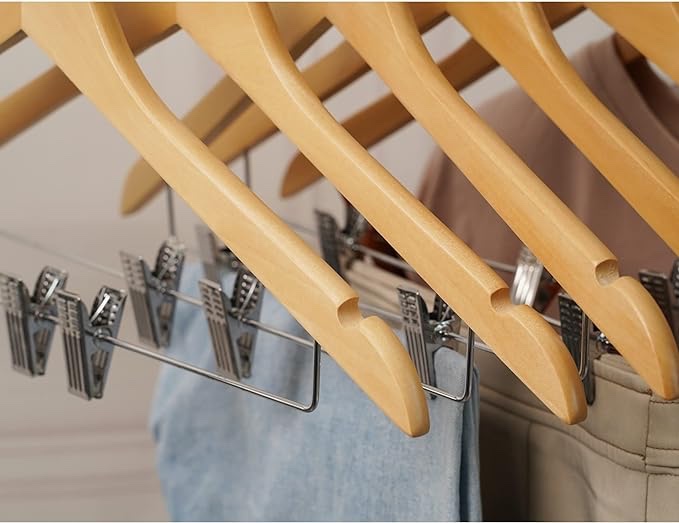 HOUÃ?SM 16Pack Wooden Hangers Skirt Hangers with Clips, Solid Wood Pants Hangers Natural Smooth Finish High-Grade Selected Wood Hangers with Sturdy Metal Clips for Blouse Dress Coat Jacket