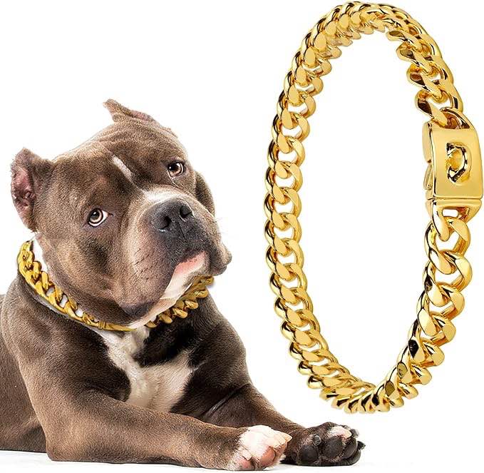 Gold Dog Chain Collars 18K Metal Chain Dog Collar, Puppy Girl Boy Cuban Link Dog Collar with Design Secure Buckle for Small Medium Large Dogs (24" (Neck 22" -23.5"), Gold