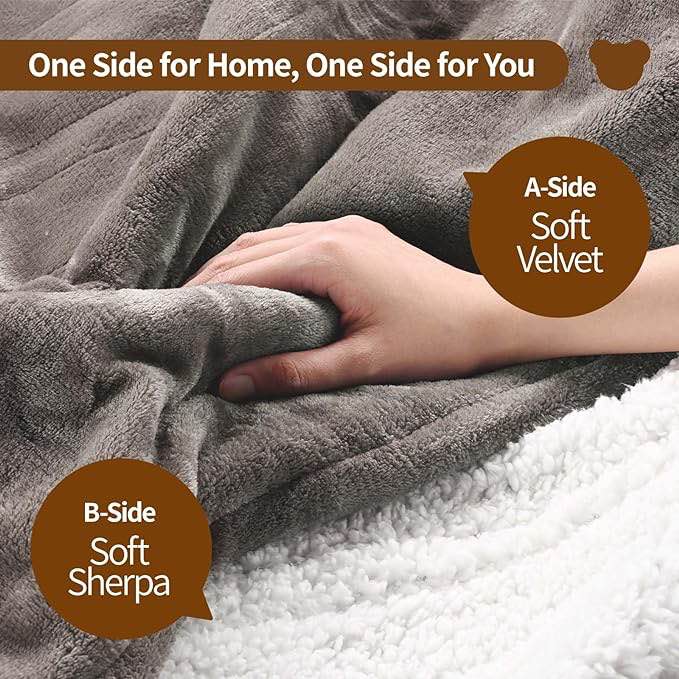 Bearhug Electric Blanket King Size 100" x 90", Dual Controller Heated Blanket, Velvet & Sherpa, 10-Heat Levels & 1-12H Auto Off, 5 Year Warranty, Over-Heat Protect, ETL, Machine Washable King Size 100" × 90" Gray-velvet & Sherpa