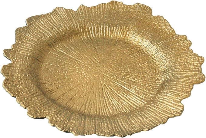 Gold Plastic Reef Charger Plates - 12 pcs 13 Inch Round Floral Sponge Charger Plates Wedding Party Decoration (Gold, 12)