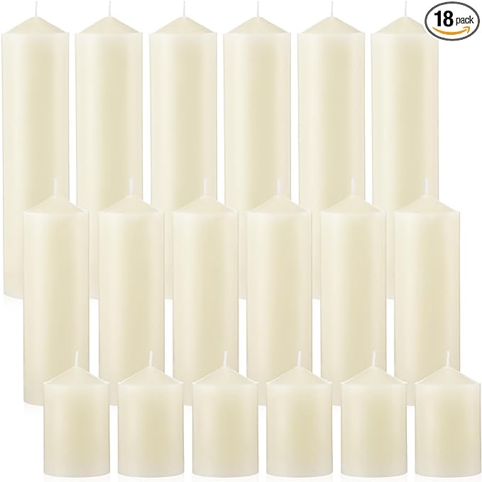 MTLEE 18 Pcs Set of 3 Pillar Candles Ivory Pillar Candle Bulk 2 in x 3, 6, 8 Long Burning Candles Clean Unscented Smokeless Pillar Candles for Wedding Emergency Lanterns Vigil Ceremony Party(White)