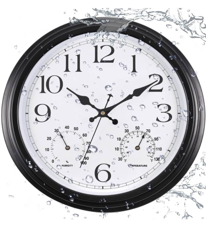 15 inch Outdoor Wall Clock, Metal Waterproof Wall Clock with Temperature & Humidity, Large Water Resistant Wall Clock, Silent Wall Clock for Patio Garden Bathroom