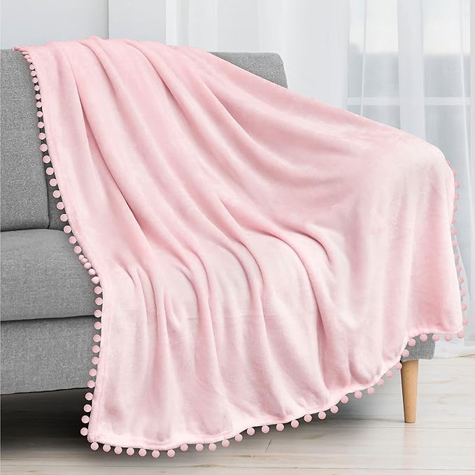 MIULEE Fleece Blanket with Cute Pompom Fringe, Soft Cozy Lightweight Flannel Bed Blanket Fuzzy Plush Warm Blanket with Boho Decorative Tassel for Couch Sofa, Throw Size 50"x60", Pink