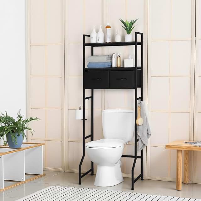 ETELI Over The Toilet Storage Cabinet with Fabric Drawers 3 Tier Bathroom Shelf Over Toilet Space Saving Behind Toilet Bathroom Organizer Black