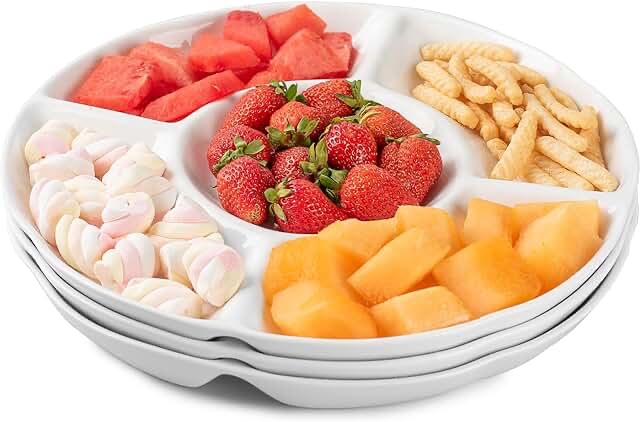 DELLING Porcelain Divided Serving Platter, 12 Inch Chip and Dip Serving Tray, 5-Section Compartment Platter - Snack, Fruit, Veggie Tray for Party & Entertaining, White - Set of 3