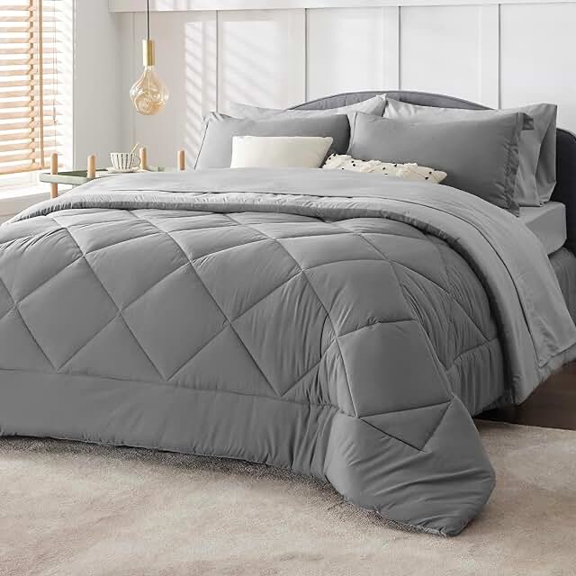 Bedsure California King Comforter Set - 7 Pieces Reversible Bed in a Bag California King with Comforters, Sheets, Pillowcases & Shams, Grey Bedding Sets California King 01 - Grey