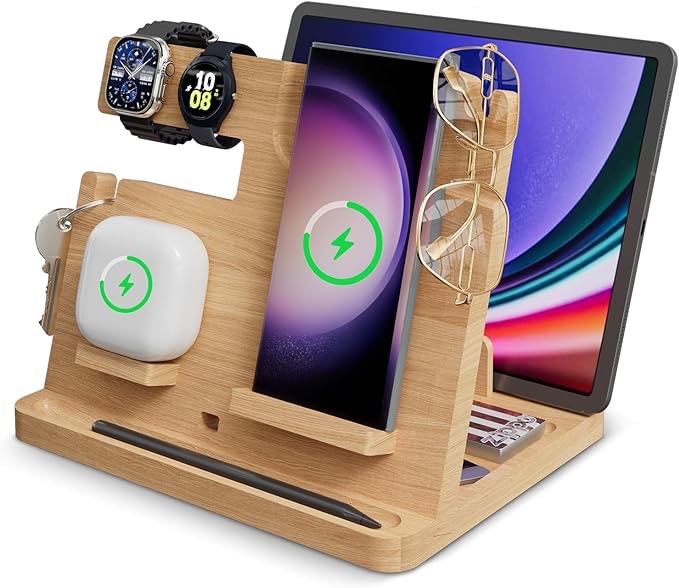 ²?²???? Bamboo Wireless Charger for Samsung: Wooden Charging Station Organizer for Samsung Galaxy Z Flip Fold 4 S23 Ultra S22 S21 S20, Android Phone|Earbud, Galaxy Watch 5|4|3 ONLY, Gift for Lovers