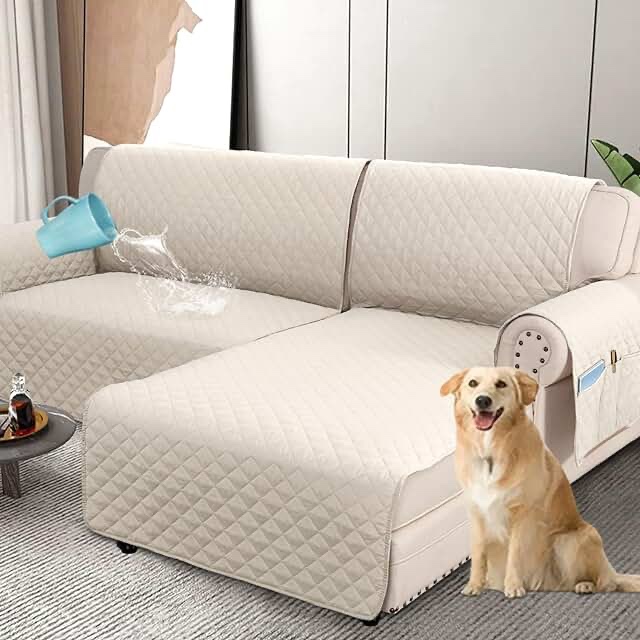 TAOCOCO Waterproof Sectional Couch Covers L Shaped Sofa Covers Chaise Lounge Cover 3pcs Reversible Sofa Covers for Sectional Sofa Pet Kids Furniture Protector with Elastic Straps(Large, Cream)