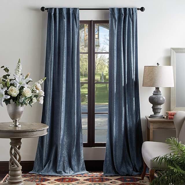 MARTHA STEWART Naples Chenille Solid Back Tab Window Curtain Panel Pair, 84", Navy