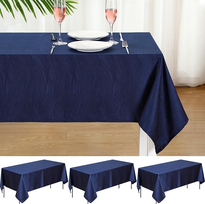 Buryeah 3 Pcs Jacquard Table Cloth Swirl Design Table Cover Rectangle Tablecloth Jacquard Swirl Pattern Heavy Weight Soft Tablecloth for Dining Waterproof Wrinkle Resistant (52 x 70 Inch, Navy Blue)