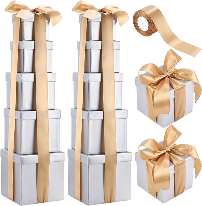 Cholemy 10 Pcs Valentine's Day Square Nesting Gift Boxes Glitter Gift Box Set 5 Assorted Sizes Nested Keepsake Boxes with Lids and Ribbon for Holiday Birthday Party Present Wrap Organizer(Silver)