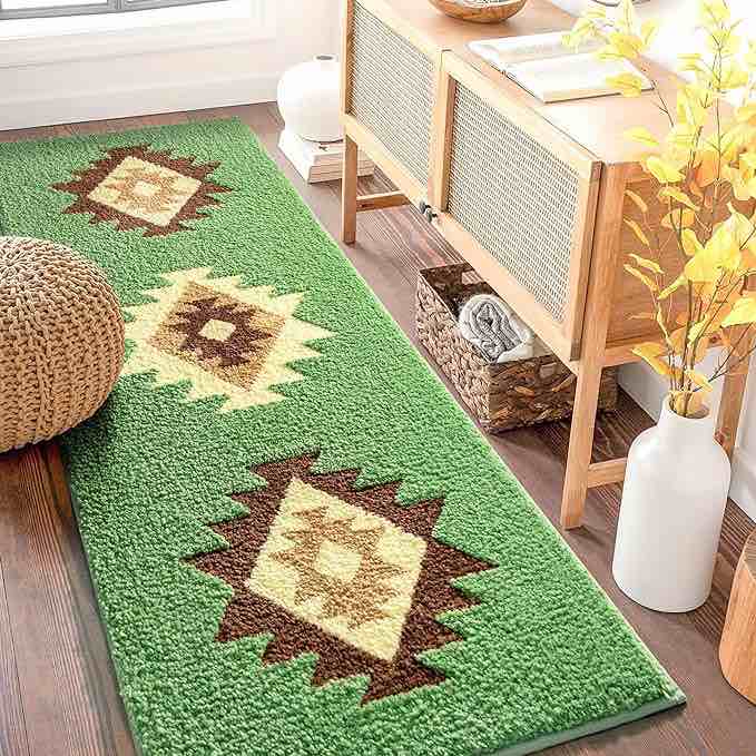 DEXDE Boho Bathroom Rugs Green Bath Mat Non Slip Long Bathroom Rug Runner Luxury Soft Absorbent Carpet for Bathroom Shower Kitchen Entryway Modern Western 20x47