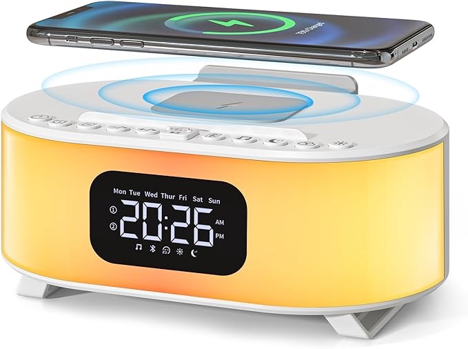 Digital Alarm Clock, Wireless Charger, Bluetooth Speaker, Snooze, Dual Alarms Sleep Timer 12 24H, Natural Sounds, Adjustable Night Light for Bedroom with 12 Colors, Ideal Gift for Heavy Sleepers