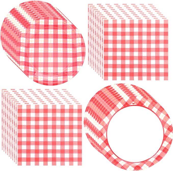 400 Red Gingham Party Supplies, Including 100 9 Inch Plates 100 7 Inch Plate and 200 Disposable Paper Luncheon Napkins Red and White Checkered Gingham Dinner Plates for BBQ Picnic Birthday Party