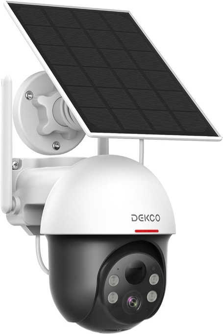 DEKCO 2K Solar Security Camera Wireless Outdoor, 360 Degree Rotating Pan Tilt Home Surveillance System with Spotlight and Sound Alarm, Night Vision, Motion Detection, 2 Way Talk, Requires 2.4GHz WiFi