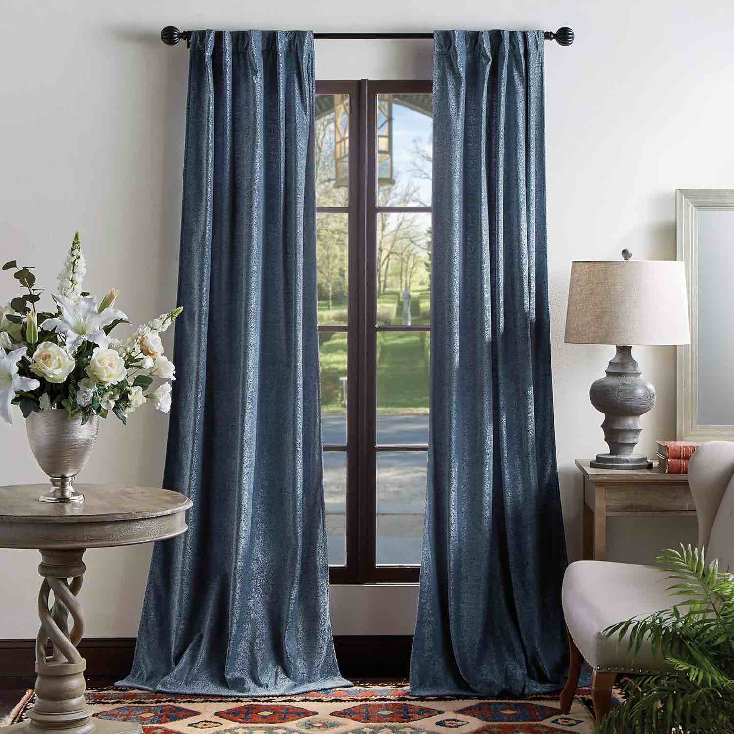 Martha Stewart Naples Chenille Solid Back Tab Window Curtain Panel Pair, 84", Navy