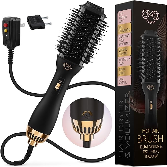 Professional Dual Voltage Blowout Hair Dryer Brush for European Travel 110V-120V/220V-240V, Black Gold Dryer and Volumizer, Hot Air Brush for Women, 2.4 INCHES Oval Shape