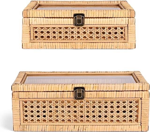 Set of 2 Boho Rectangular Rattan Decorative Boxes with Glass Lids Woven Cane and Rattan Display Boxes with Lids Storage Basket Bins for Home Decor (15.4 x 9.5 x 7.1 Inch, 12.6 x 6.7 x 4.3 Inch)