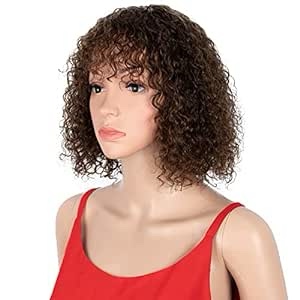 Spotlight Short Kinky Curly Wigs 10 inch Bob Loose Wave Human Hair Wigs for Women Brazilian Virgin Human Hair Wigs with Bangs Natural Looking (Ombre Brown, P4/30/27 Color)