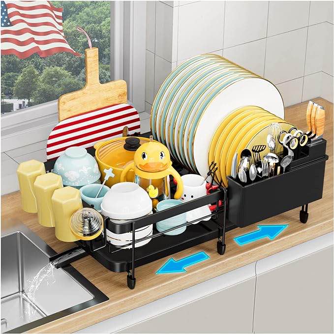 Expandable Dish Drying Rack for Kitchen Counter, Space Saving and Durable with Drainboard, Glass and Utensil Holder - Black