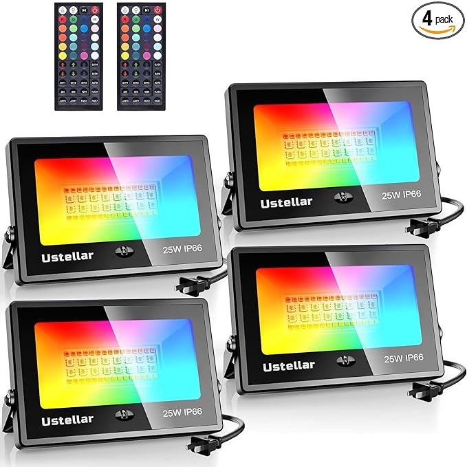 USTELLAR 4 Pack 25W RGB LED Flood Light 250W Equiv. Color Changing Floodlights, Warm White 2700K IP66 Colored Spotlight Stage Party Uplighting Indoor Outdoor Uplights for Event Wedding Christmas Light