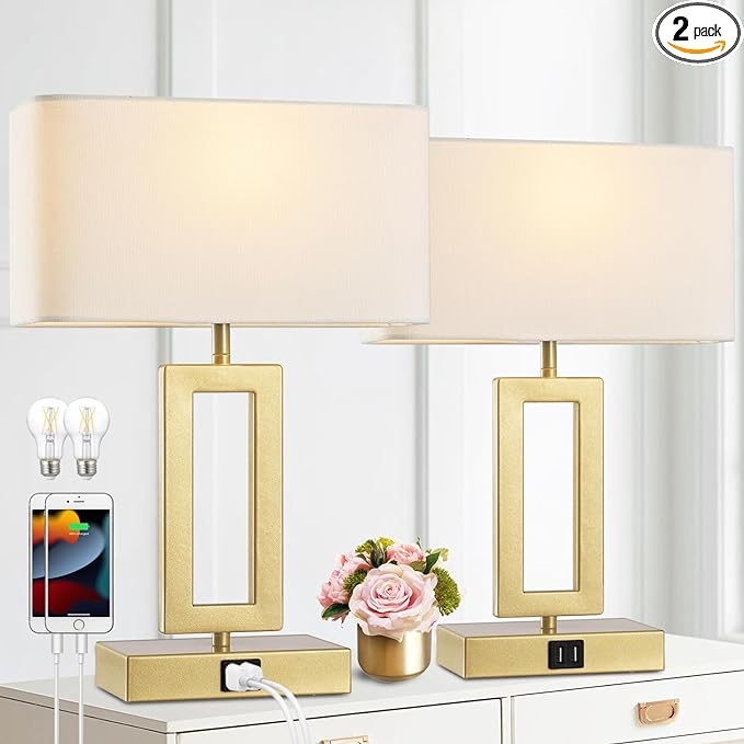 gernehop Gold Table Lamps Set of 2 with Dual USB Ports,3-Way Dimmable Touch Control Bedside Lamps,Modern Bedroom Table Lamp for Living Room,Nightstand LED Bulbs Included
