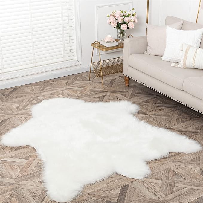 Faux White Bear Rug Faux Cowhide Rug Animal Print Area Rug Faux Sheepskin Fur Rug Decor for Living Room 5.1x6.1 Feet (White 5.1x6.1 Feet