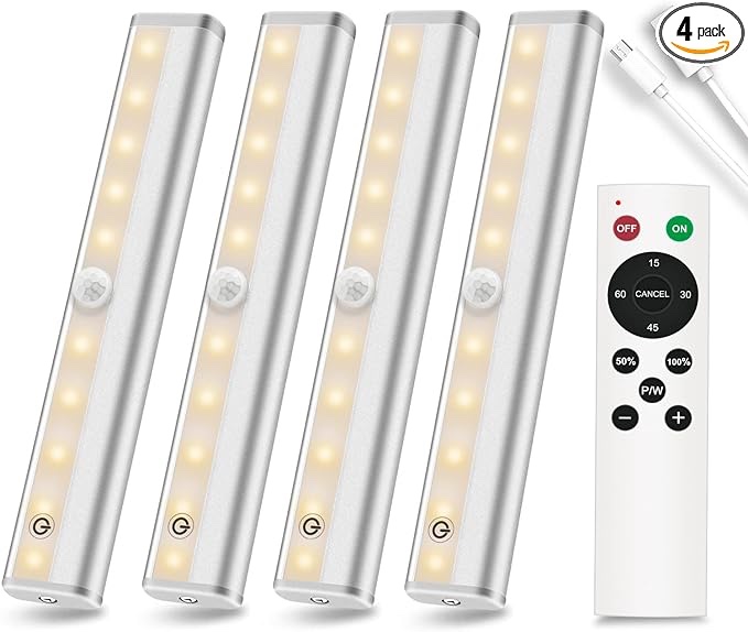 Diomart Under Cabinet Lighting, Wireless Rechargeable Under Counter Lights with Remote Control, 20- LED Dimmable Led Closet Light Stick-on Anywhere Touch Night Light for Kitchen, Wardrobe (4 Pcs) 4 Pack