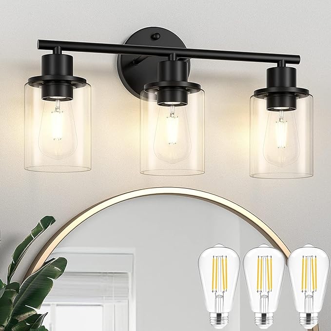 Licperron 3-Light Bathroom Light Fixtures, Black Vanity Light with Clear Glass Shade, Bathroom Vanity Light Over Mirror, Farmhouse Wall Sconces Lighting for Bedroom Hallway Living Room (with Bulbs)