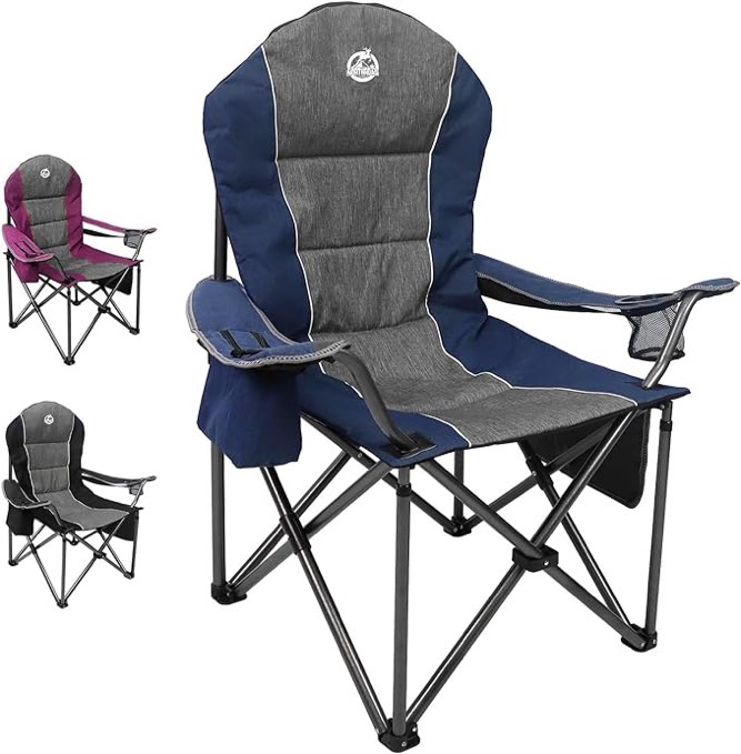 Oversized Portable Camping Chair, Full Padded Outdoor Folding Chair Support 350 LBS, Heavy Duty Lawn Chair with Cup Holder, Cooler Bag, Lumbar Support, Head Pocket for Adult (Blue)