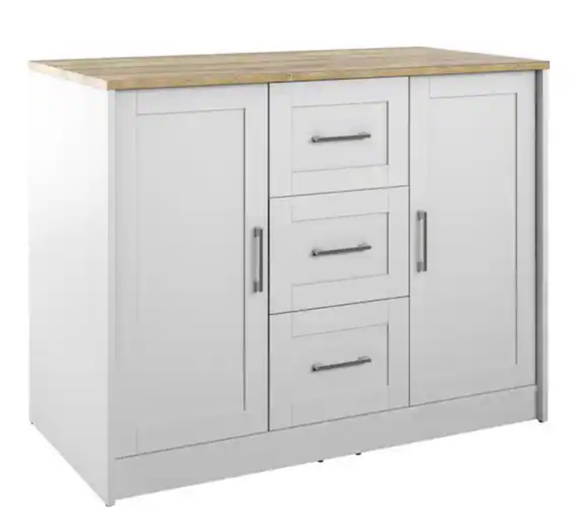 Twin Star Home Brilliant White Wood 45.5 in. Traditional Kitchen Island with Butcher Block Top