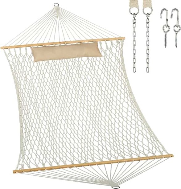 JoyView Traditional Rope Double Hammock - Hand Woven Cotton Hammock with Hardwood Spreader Bar and Pillow 450lb Capacity 2 Person Hammock for Outdoor Indoor Patio Yard - Natural