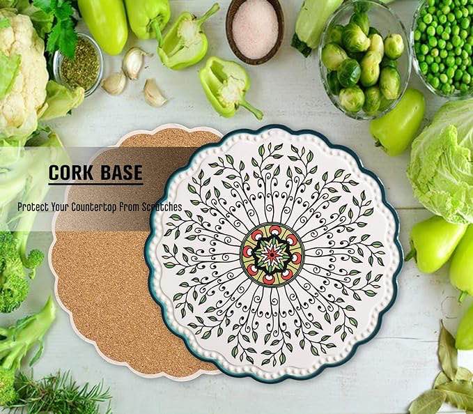Ceramic Trivets for Hot Pots and Pans, Heat Resistant Mats, Trivets for Hot Dishes with Beautiful Flower Patterns and Scratch Proof Cork Base, Gifts for Friends, Round 7.9 Inch, Set of 4 Mixed Colors-1