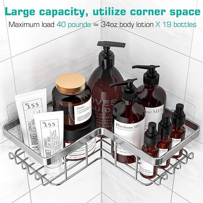 YASONIC Corner Shower Caddy, 3-Pack Adhesive Shower Caddy with Soap Holder and 12 Hooks, Rustproof Stainless Steel Bathroom Shower Organizer, No Drilling Wall Mounted Shower Rack, Brushed Silver