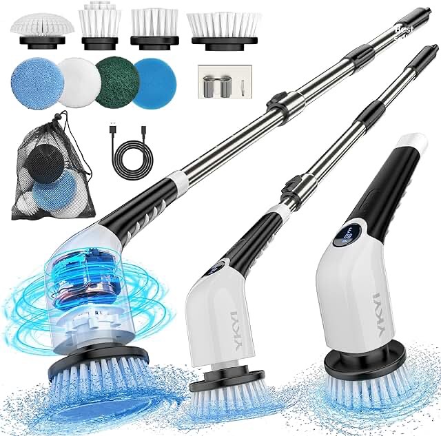 Voweek Electric Spin Scrubber, Shower Cleaning Brush with 4 Replaceable Brush Heads and Adjustable Extension Arm, Cordless Household Cleaning Brush for Bathroom Tub Tile Floor--Purple