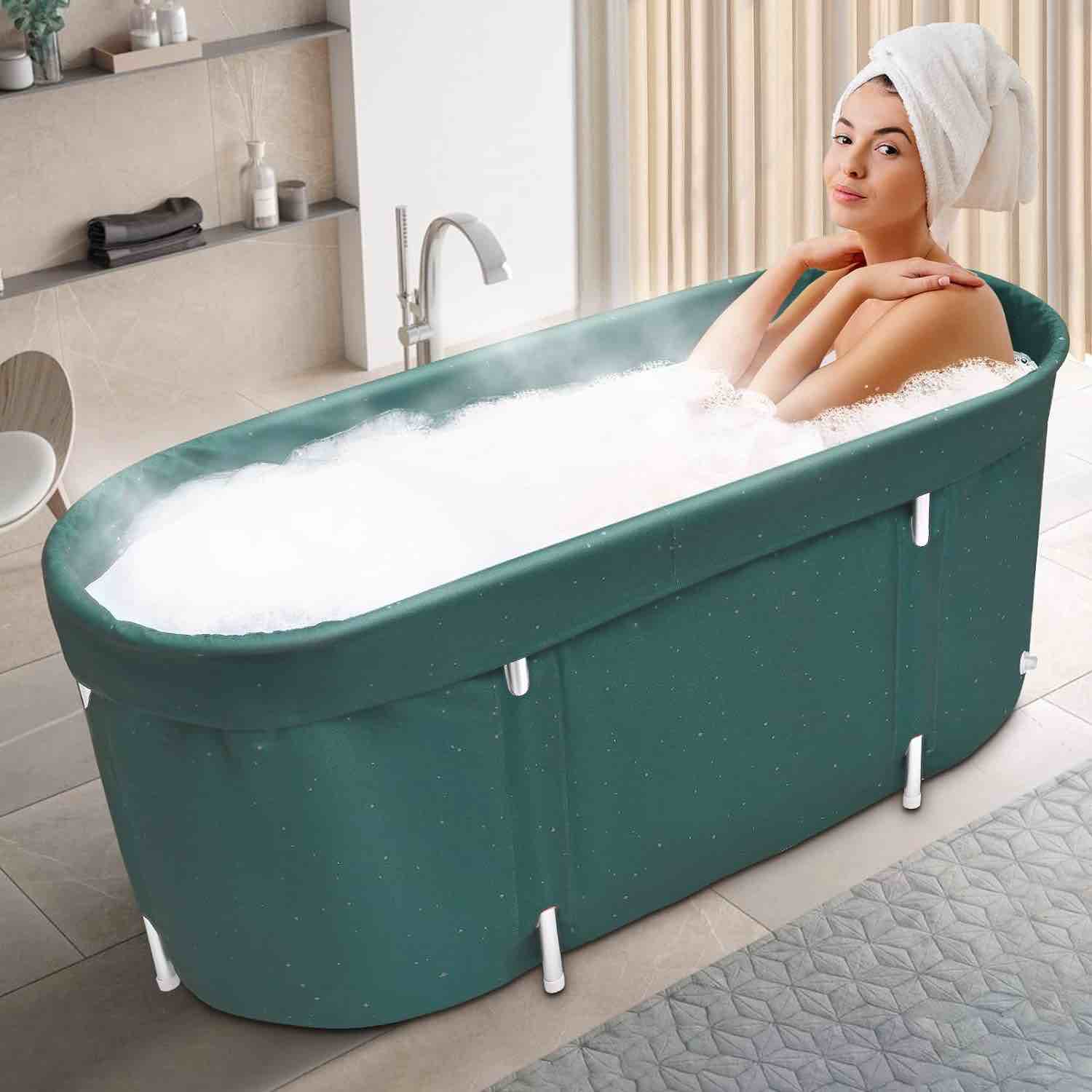 MATHOWAL Portable Bathtub, Foldable Bathtub, Bathtub for Adults, Bathtub with Water Filling Cushion and Backrest, Suitable for Hot Water Bath and Ice Bath (Blackish Green)