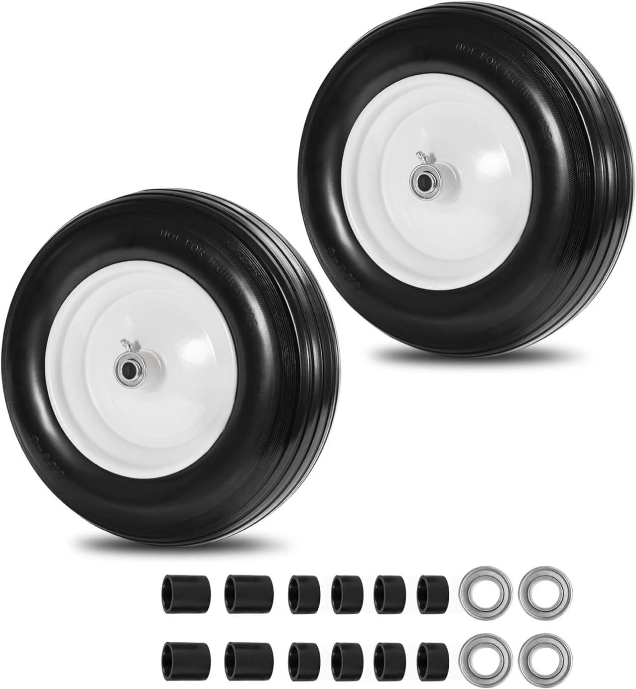 (2-PACK) 4.80/4.00-8" Flat Free Tire and Wheel - Universal Fit 14.5" Solid Wheelbarrow Tires with 3" Hub and 5/8" Bearings – Extra Adapter kit includes 3/4" Ball Bearings, 1" and 1/2" Nylon Spacers