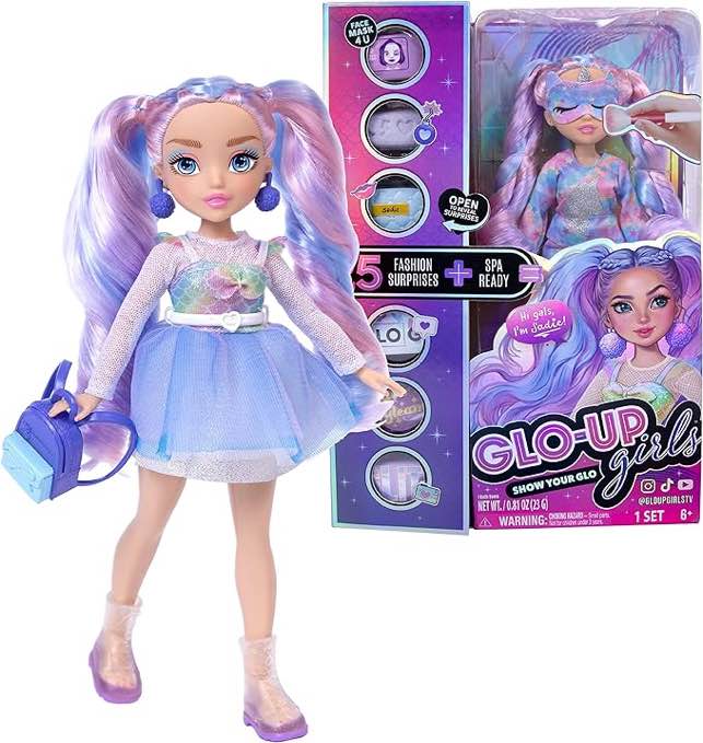 Far Out Toys GLO-UP Girls Sadie Fashion Doll, 25 Fabulous Surprises, Face Masks for Both You & Doll, Accessories, Purses, Bath Bomb, Color-Changing Nail Play