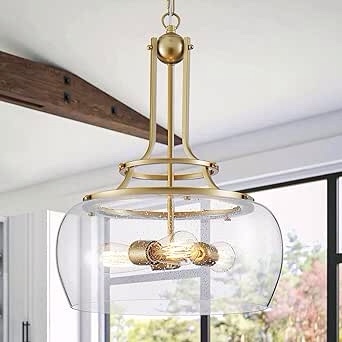 WUZUPS Chandelier Rustic Farmhouse Industrial Round Ceiling Pendant LED Light Fixture Clear Seeded Glass Shade for Dining Room Kitchen Island Foyer Entryway, H 20.9" x W 15.9", Gold
