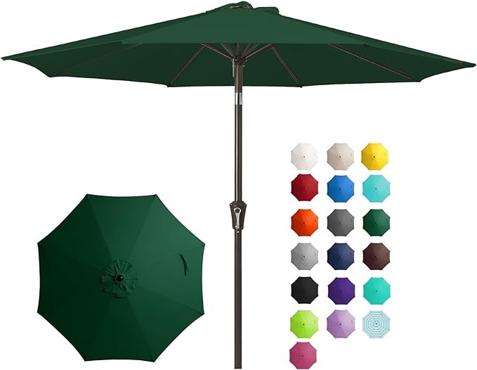JEAREY 9FT Outdoor Patio Umbrella Outdoor Table Umbrella with Push Button Tilt and Crank, Market Umbrella 8 Sturdy Ribs UV Protection Waterproof for Garden, Deck, Backyard, Pool (Dark Green)