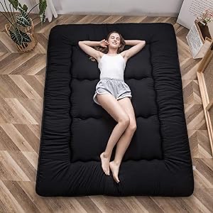 MAXYOYO Japanese Floor Futon Mattress, 4" Thicken Tatami Mat Sleeping Pad Foldable Roll Up Boys Girls Dormitory Mattress Kids Lounger Pillow Bed, Black, Full