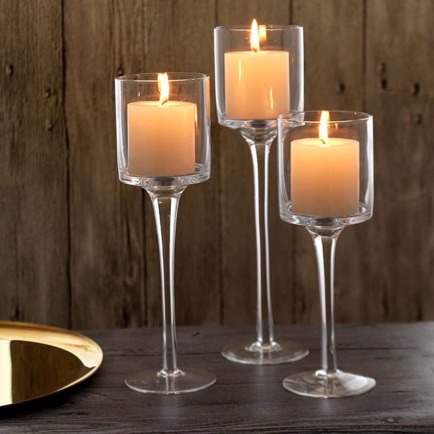 Glass Candleholders Tea Light Candle Holders Clear Wedding Weddings Hurricane Tall Elegant Ideal for Dining Party Home Decor Parties Table Settings Gifts Different Sizes (1 pack of 3 pcs )