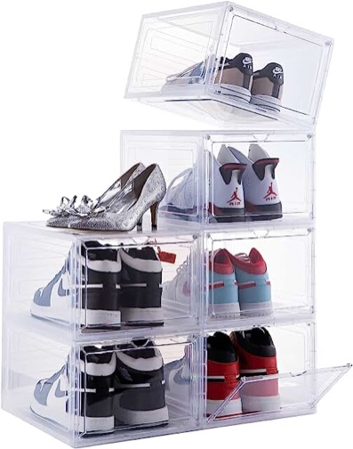 12 Pack Shoe Storage Bins, Clear Plastic Stackable Shoe Organizer for Closet, Space Saving Foldable Shoe Rack, Shoe Box Sneaker Holder Container